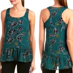 CAbi‎ Top 3276 Falling Flowers Green Black Peplum Tank Sleeveless Flowy Ruffle M